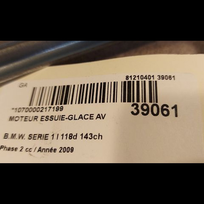 Moteur essuie-glace avant occasion B.M.W. SERIE 1 I Phase 2 01-2007->07-2011 118d 143ch 61617192963 3