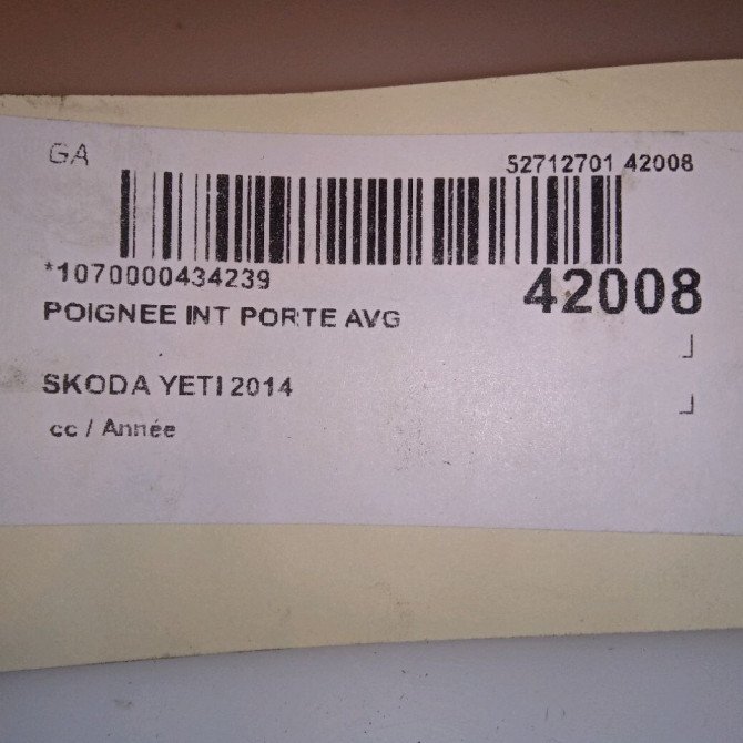 Poignee int porte avg occasion SKODA YETI 5L08372212ZZ 4