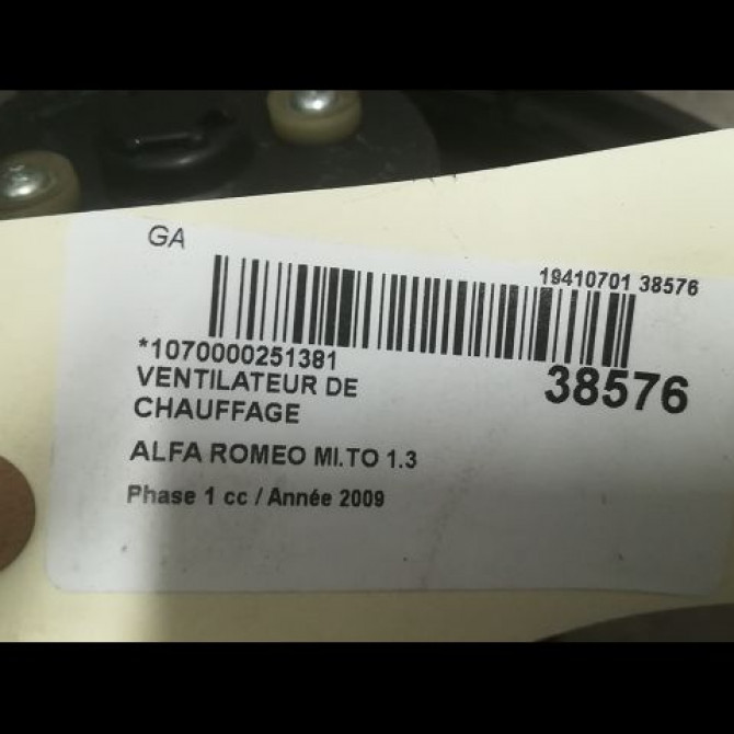 Ventilateur de chauffage occasion ALFA ROMEO MI.TO MI.TO Phase 1 2008-09-01->2016-12-31 1.3 JTDM 85ch 77365054 3