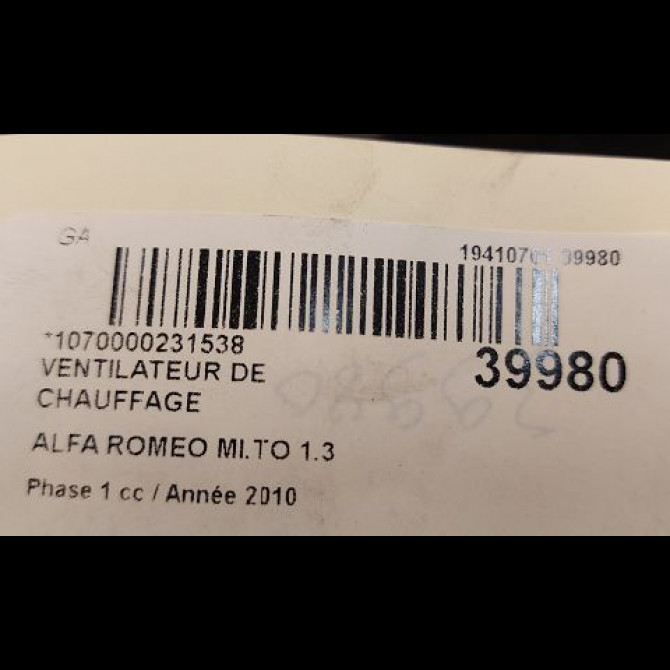 Ventilateur de chauffage occasion ALFA ROMEO MI.TO MI.TO Phase 1 2008-09-01->2016-12-31 1.3 JTDM 95ch 77365054 3