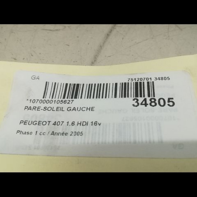 Pare-soleil gauche occasion PEUGEOT 407 Phase 1 04-2004->07-2008 1.6 HDI 16v 8143NZ 3
