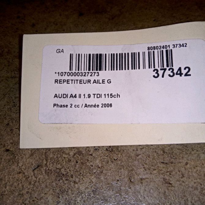 Répétiteur aile gauche occasion AUDI A4 II Phase 2 09-2004->04-2008 1.9 TDI 115ch 8E0949127 2