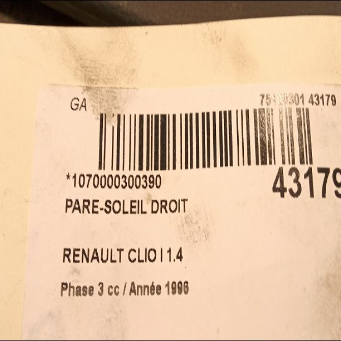 Pare-soleil droit occasion RENAULT CLIO I Phase 3 03-1996->08-1998 1.4 7700829186 3