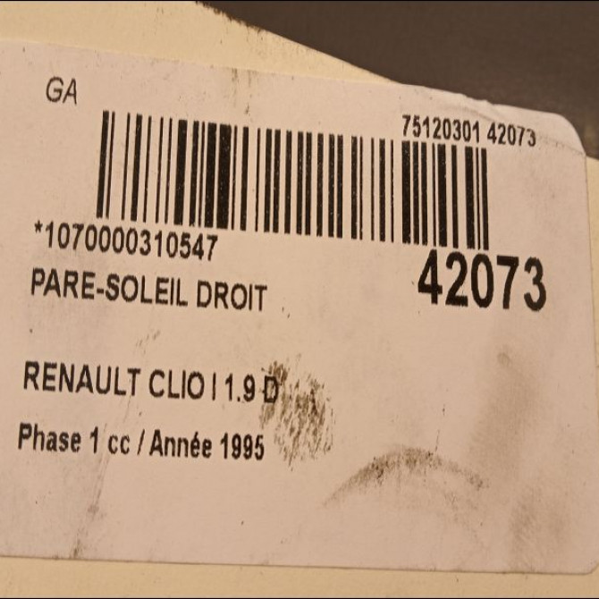 Pare-soleil droit occasion RENAULT CLIO I Phase 1 06-1990->03-1994 1.9 D 7700829186 3