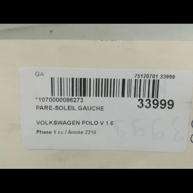 Pare-soleil gauche occasion VOLKSWAGEN POLO V POLO V Phase 1 2009-09-01->2014-05-31 1.6 TDI 90 6R0857551K2F4 3