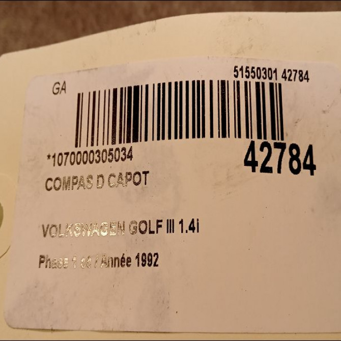 Compas d capot occasion VOLKSWAGEN GOLF III Phase 1 01-1992->12-1997 1.4i 60ch 1H0823302A 2