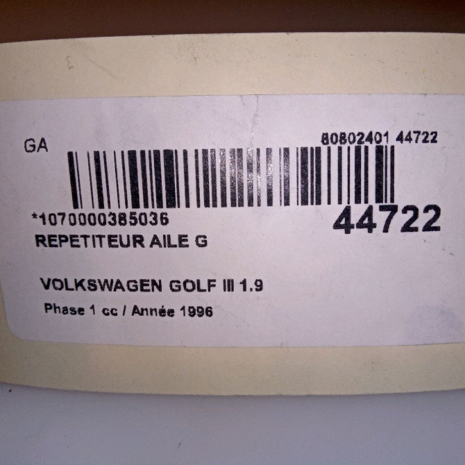 Répétiteur aile gauche occasion VOLKSWAGEN GOLF III Phase 1 01-1992->12-1997 1.9 TDI 90ch 3A0949101A 5