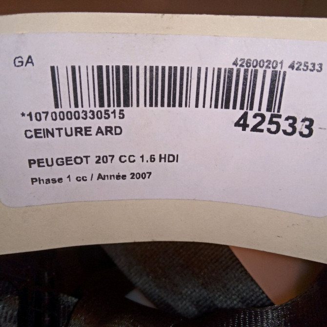Ceinture arrière droite occasion PEUGEOT 207 CC Phase 1 03-2007->... 1.6 HDI 112ch 8975XN 4
