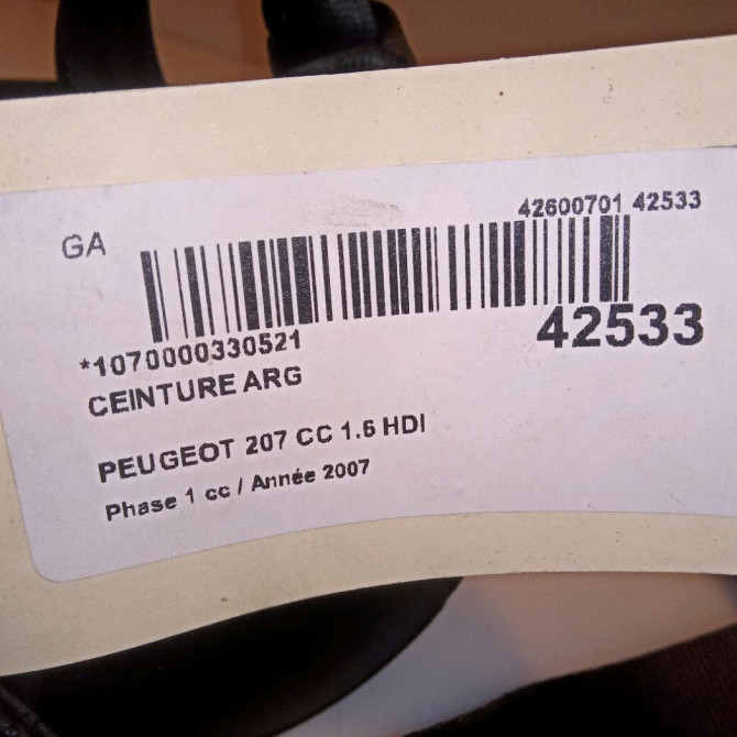 Ceinture arrière gauche occasion PEUGEOT 207 CC Phase 1 03-2007->... 1.6 HDI 112ch 8975XN 4