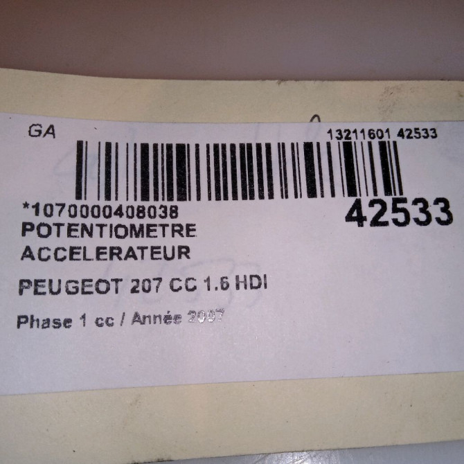 Potentiometre accelerateur occasion PEUGEOT 207 CC Phase 1 03-2007->... 1.6 HDI 112ch 5