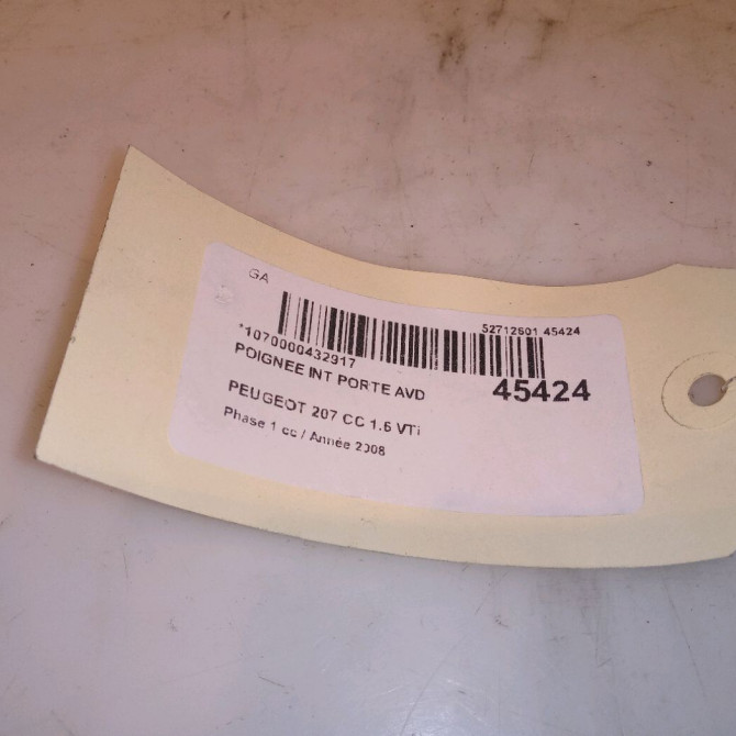 Poignee int porte avd occasion PEUGEOT 207 CC Phase 1 03-2007->... 1.6 VTi 120ch 9144A5 4