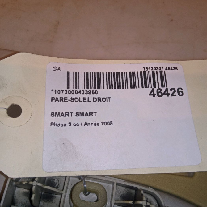 Pare-soleil droit occasion SMART SMART CITY/FORTWO I SMART CITY/FORTWO I Phase 2 2002-03-01->2006-12-31 61ch Q0000706V009C24A00 4