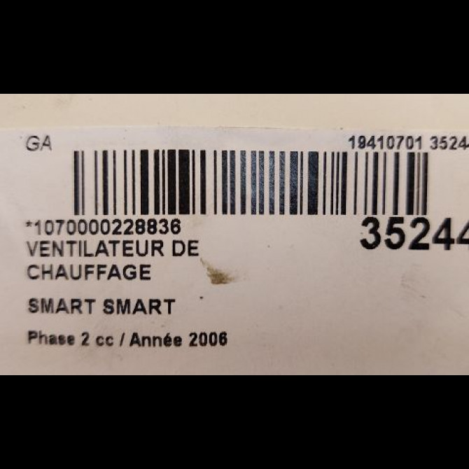 Ventilateur de chauffage occasion SMART SMART CITY/FORTWO I SMART CITY/FORTWO I Phase 2 2002-03-01->2006-12-31 0.7i 61ch 4108V002000000 3