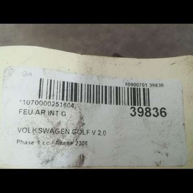 Feu arrière interieur gauche occasion VOLKSWAGEN GOLF V Phase 1 11-2003->10-2008 2.0 TDI 140ch 1K6945093K 3