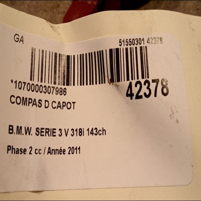 Compas d capot occasion B.M.W. SERIE 3 V Phase 2 09-2008->12-2011 318i 143ch 41617210678 2
