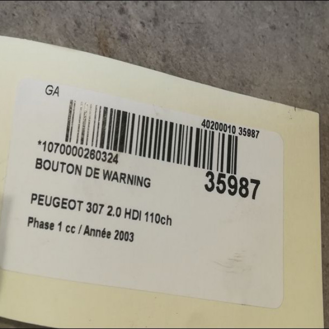 Bouton de warning occasion PEUGEOT 307 Phase 1 04-2001->06-2005 2.0 HDI 110ch 6554J7 2