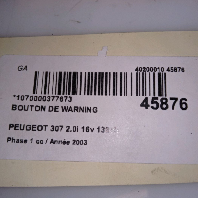 Bouton de warning occasion PEUGEOT 307 Phase 1 04-2001->06-2005 2.0i 16v 138ch 6554J7 4