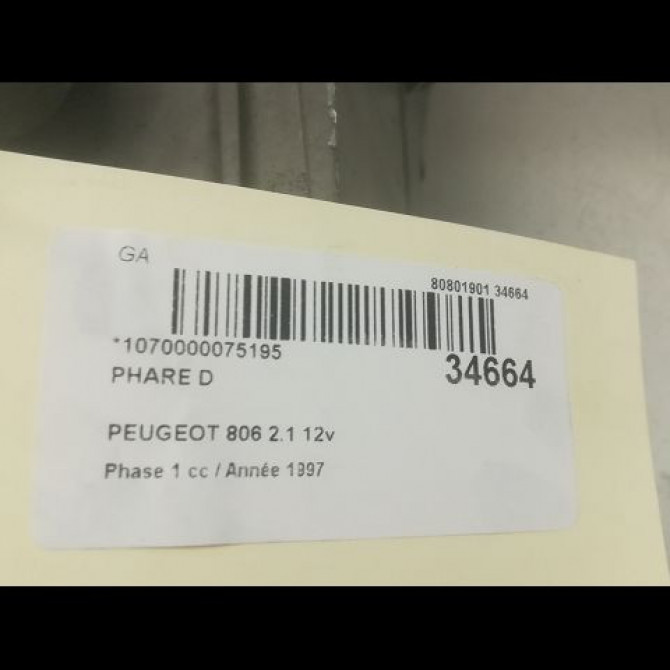 Phare droit occasion PEUGEOT 806 Phase 1 06-1994->12-2001 2.1 12v 6205G8 3
