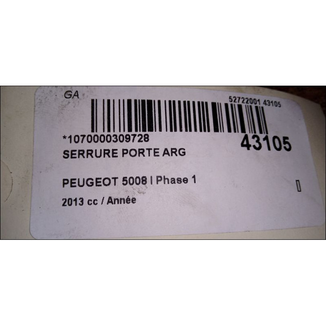 Serrure porte arg occasion PEUGEOT 5008 I Phase 1 11-2009->12-2013 9800624280 3