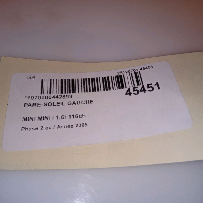 Pare-soleil gauche occasion MINI MINI I Phase 2 07-2004->09-2006 1.6i 116ch 51167129565 4