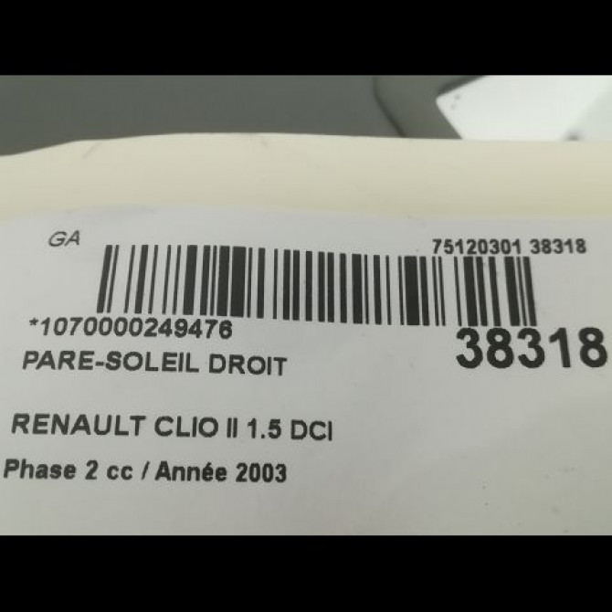 Pare-soleil droit occasion RENAULT CLIO II Phase 2 06-2001->07-2006 1.5 DCI 65ch 8200240038 3