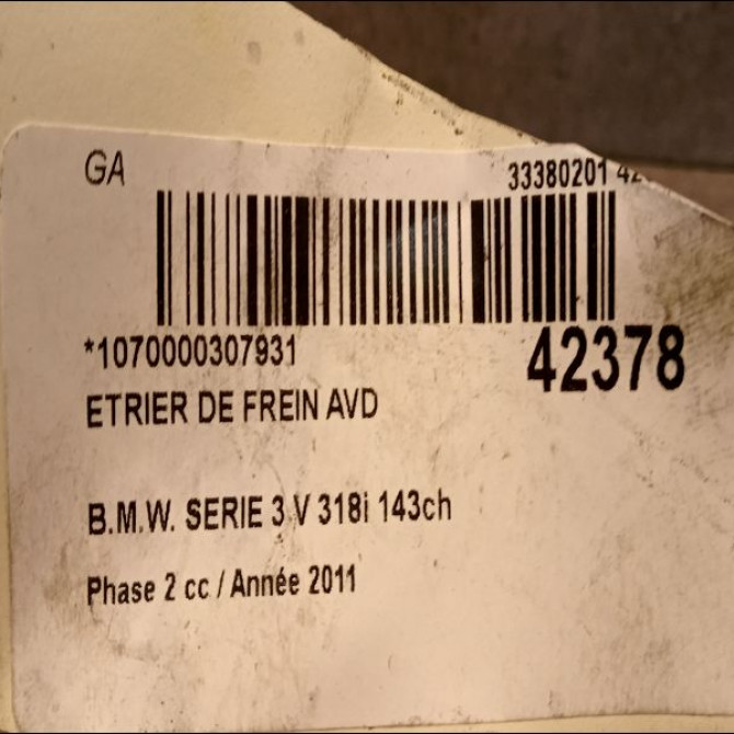 Etrier de frein avant droit occasion B.M.W. SERIE 3 V Phase 2 09-2008->12-2011 318i 143ch 34116776528 3