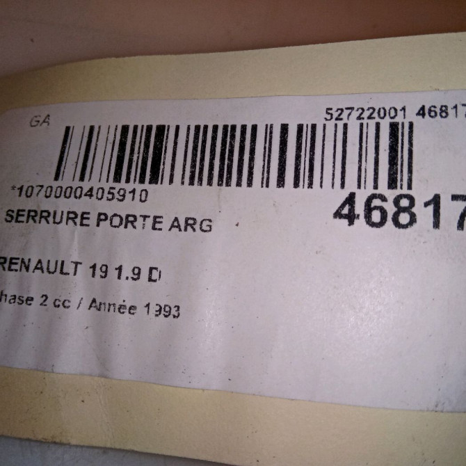 Serrure porte arg occasion RENAULT 19 Phase 2 04-1992->04-1997 1.9 D 7701030067 5