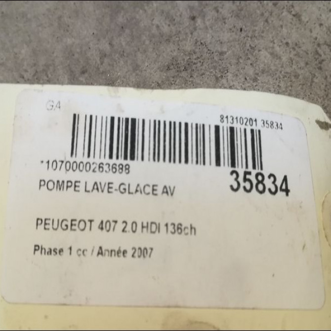 Pompe lave-glace avant occasion PEUGEOT 407 Phase 1 04-2004->07-2008 2.0 HDI 136ch 643497 2