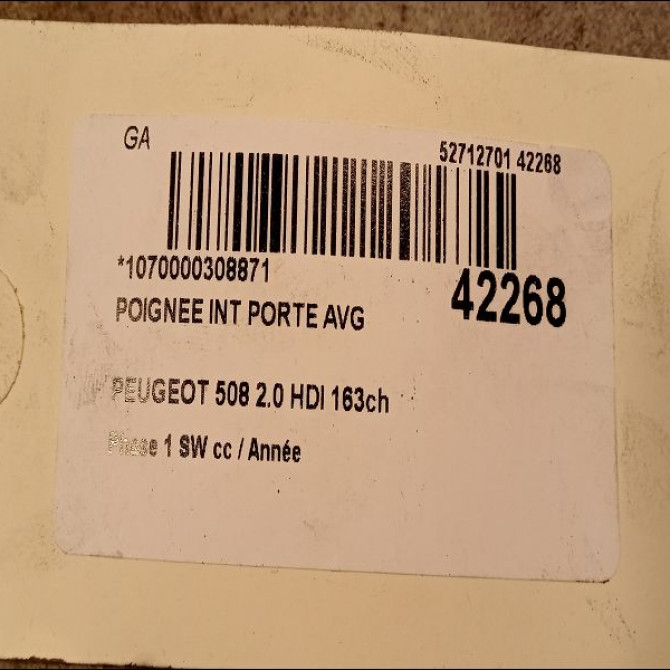 Poignee int porte avg occasion PEUGEOT 508 Phase 1 04-1995->04-1999 2.0 HDI 163ch 9143T8 2
