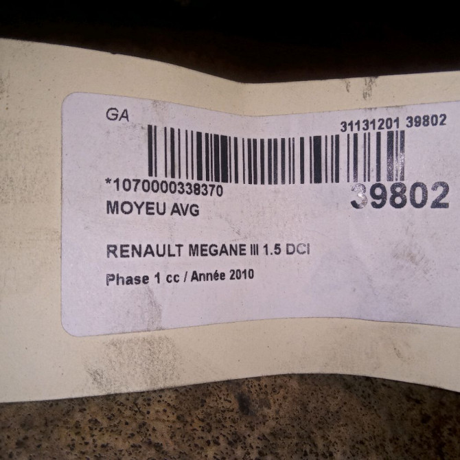 Moyeu avg occasion RENAULT MEGANE III Phase 1 11-2008->01-2012 1.5 DCI 85ch 402020009R 3