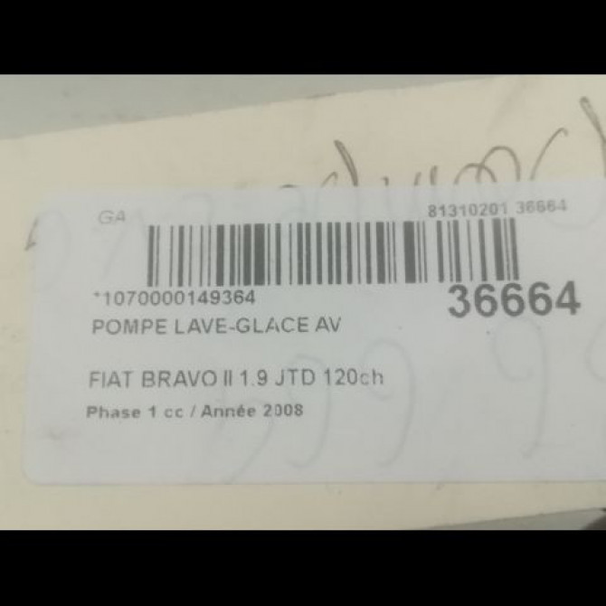 Pompe lave-glace avant occasion FIAT BRAVO II BRAVO II Phase 1 2007-03-01->2011-12-31 1.9 JTD 120ch 3