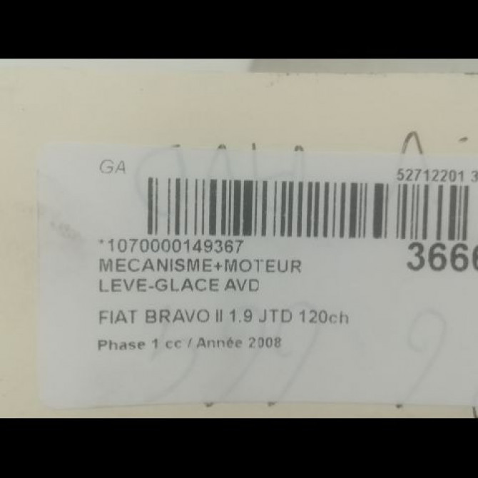 Mecanisme + moteur lève-glace avant droit occasion FIAT BRAVO II BRAVO II Phase 1 2007-03-01->2011-12-31 1.9 JTD 120ch 3