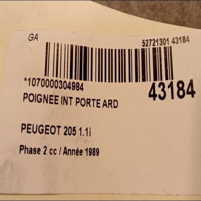 Poignee int porte ard occasion PEUGEOT 205 205 Phase 2 1987-07-01->1998-12-31 1.1i 914441 2