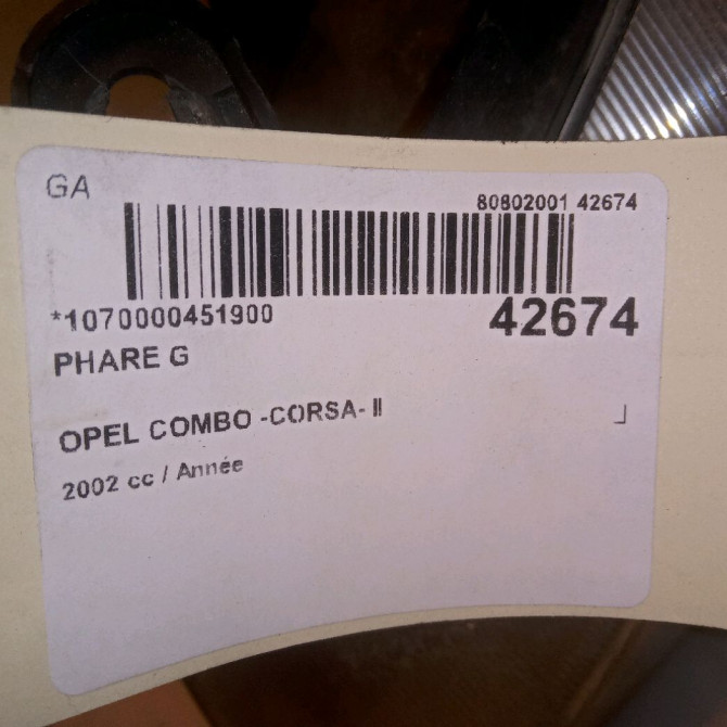 Phare gauche occasion OPEL COMBO -CORSA- II Phase 1 01-2002->07-2004 9196238 5