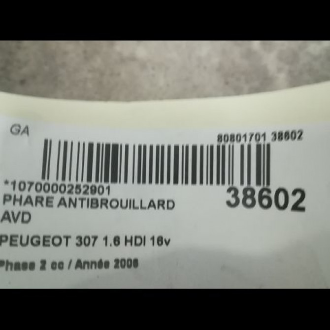 Phare antibrouillard avant droit occasion PEUGEOT 307 Phase 2 06-2005->03-2008 1.6 HDI 16v 110ch 3