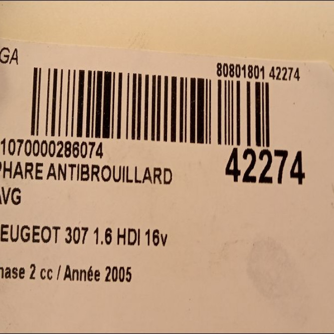 Phare antibrouillard avant gauche occasion PEUGEOT 307 Phase 2 06-2005->03-2008 1.6 HDI 16v 110ch 3