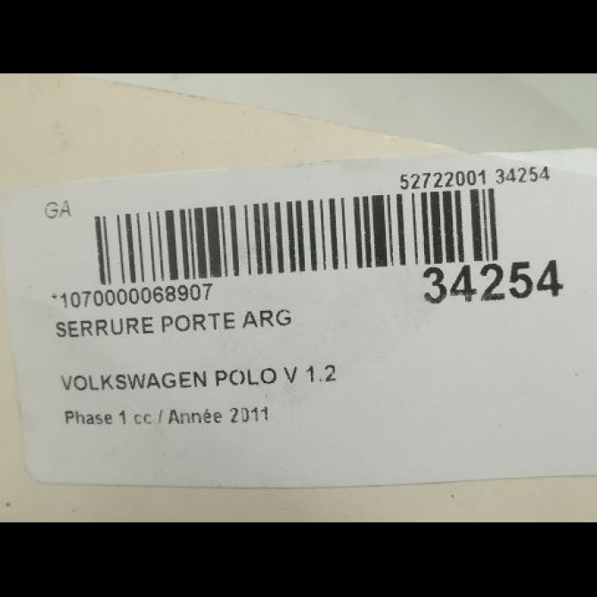 Serrure porte arg occasion VOLKSWAGEN POLO V POLO V Phase 1 2009-09-01->2014-05-31 1.2 TDI 75ch 5K4839015M 4