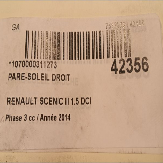 Pare-soleil droit occasion RENAULT SCENIC III Phase 3 04-2013->... 1.5 DCI 110ch 964009823R 3