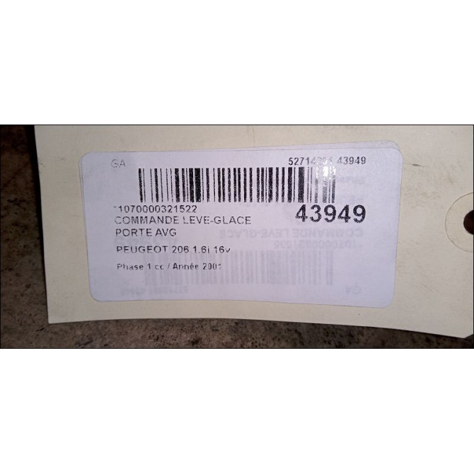 Commande lève-glace porte avant gauche occasion PEUGEOT 206 Phase 1 09-1998->03-2009 1.6i 16v 3