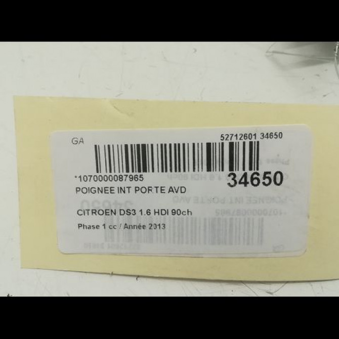 Poignee int porte avd occasion CITROEN DS3 Phase 1 11-2009->03-2014 1.6 HDI 90ch 96834460VV 3