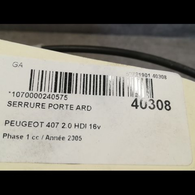 Serrure porte ard occasion PEUGEOT 407 Phase 1 04-2004->07-2008 2.0 HDI 16v 136ch 9138V1 4