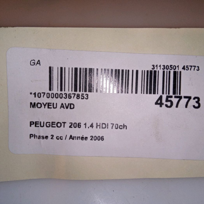 Moyeu avd occasion PEUGEOT 206 Phase 2 02-2003->02-2009 1.4 HDI 70ch 330776 4