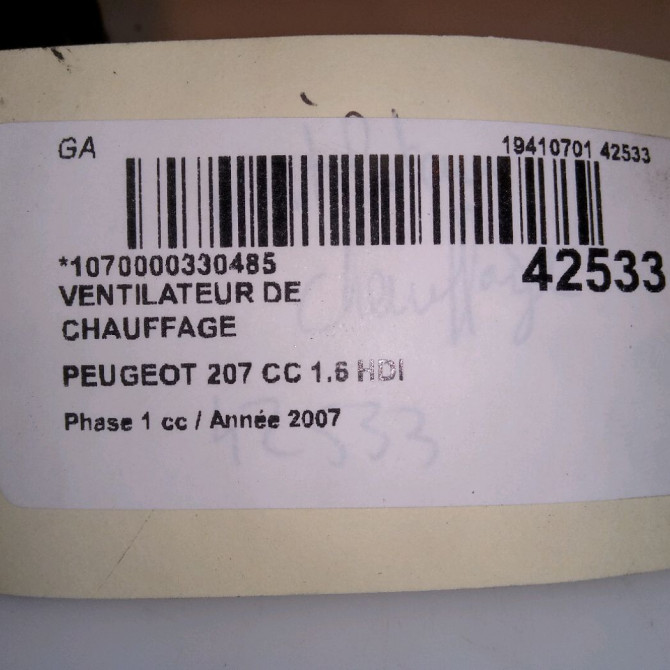 Ventilateur de chauffage occasion PEUGEOT 207 CC Phase 1 03-2007->... 1.6 HDI 112ch 6441V5 5