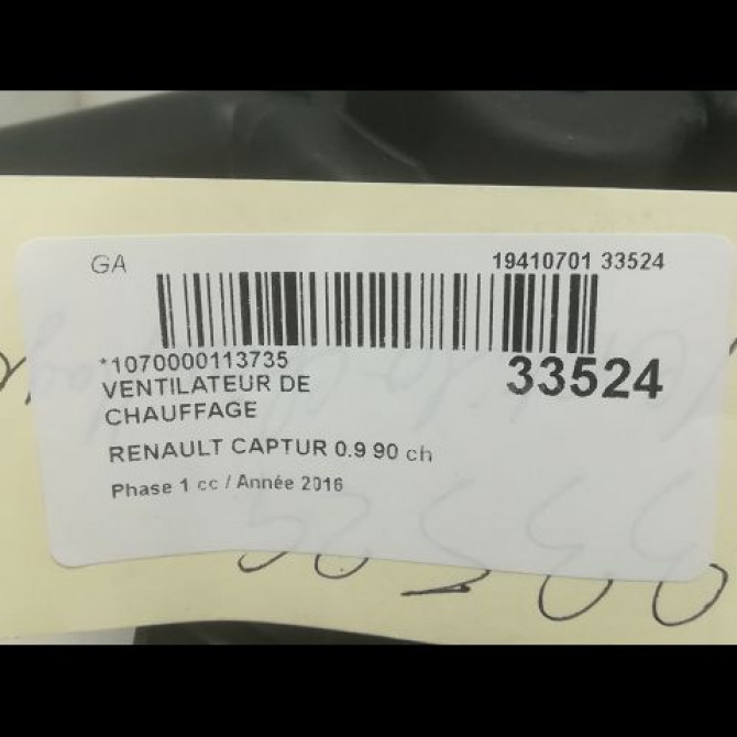 Ventilateur de chauffage occasion RENAULT CAPTUR Phase 1 02-2013->... 0.9 90 ch 272101005R 3