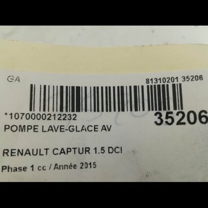Pompe lave-glace avant occasion RENAULT CAPTUR Phase 1 02-2013->... 1.5 DCI 90ch 8200316568 3