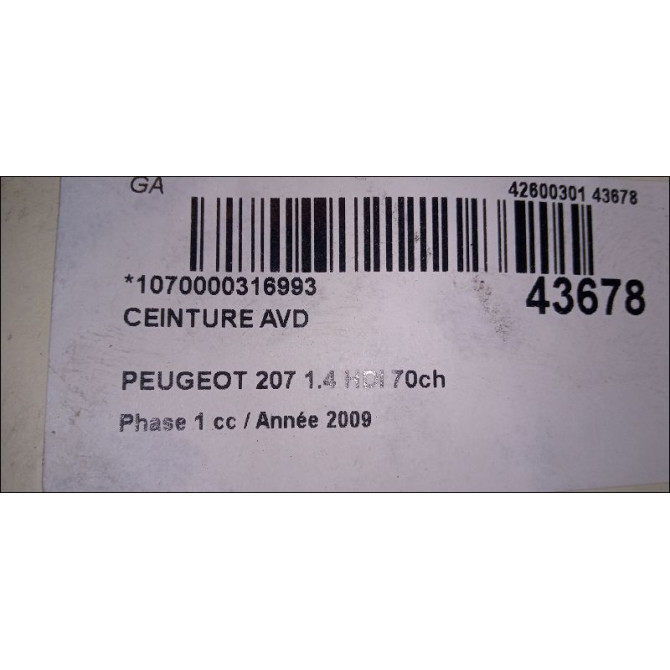Ceinture avant droite occasion PEUGEOT 207 Phase 1 04-2006->06-2013 1.4 HDI 70ch 8975JY 2