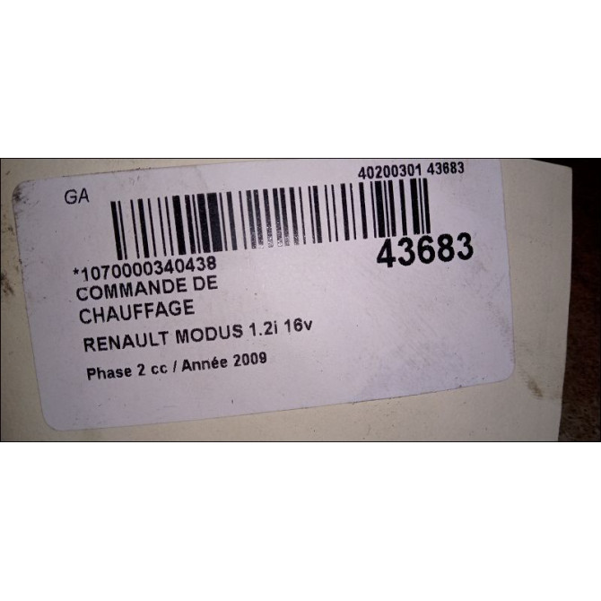 Commande de chauffage occasion RENAULT MODUS Phase 2 01-2008->12-2012 1.2i 16v 75ch 3