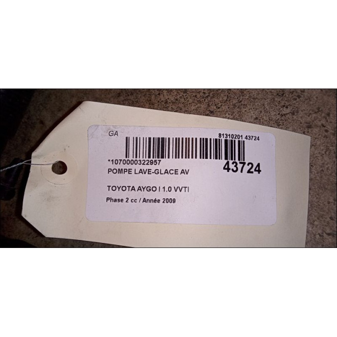 Pompe lave-glace avant occasion TOYOTA AYGO I Phase 2 01-2009->06-2012 1.0 VVTI 853300H020 2