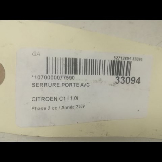 Serrure porte avg occasion CITROEN C1 I Phase 2 11-2008->01-2012 1.0i 9135T2 5