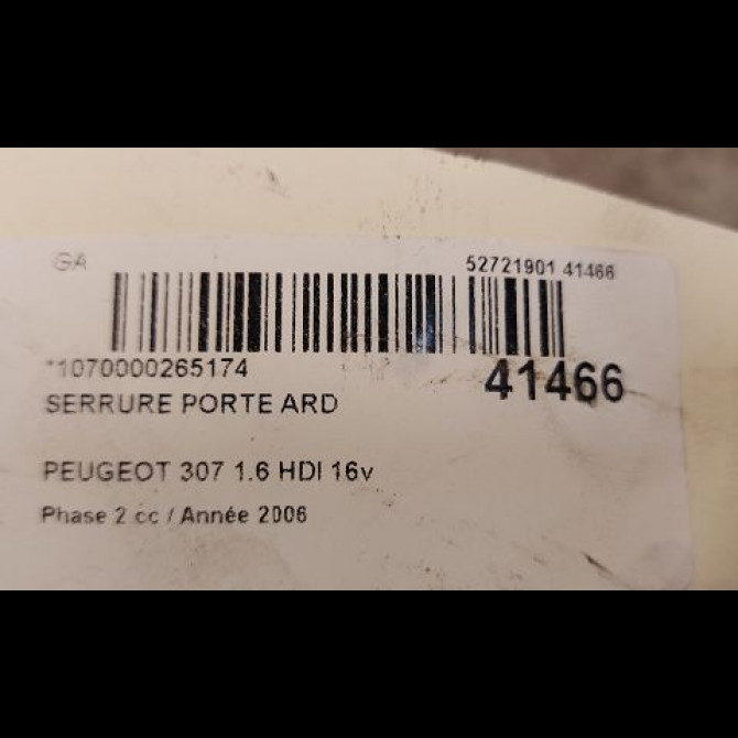 Serrure porte ard occasion PEUGEOT 307 Phase 2 06-2005->03-2008 1.6 HDI 16v 110ch 9138G0 3